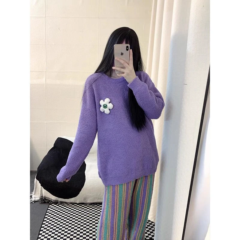 彩色条纹可外穿家居服女秋冬软绵绵半边绒睡衣加厚保暖珊瑚绒套装
