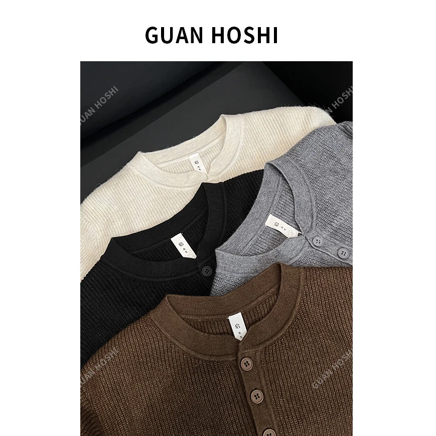 【冠什么希男装】秋冬亨利领三粒扣长袖针织毛衣纯色百搭线衣3716