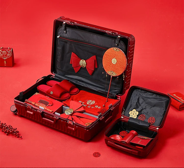 结婚箱行李箱酒红色陪嫁箱女拉杆箱婚礼新娘嫁妆密码箱子国潮喜庆