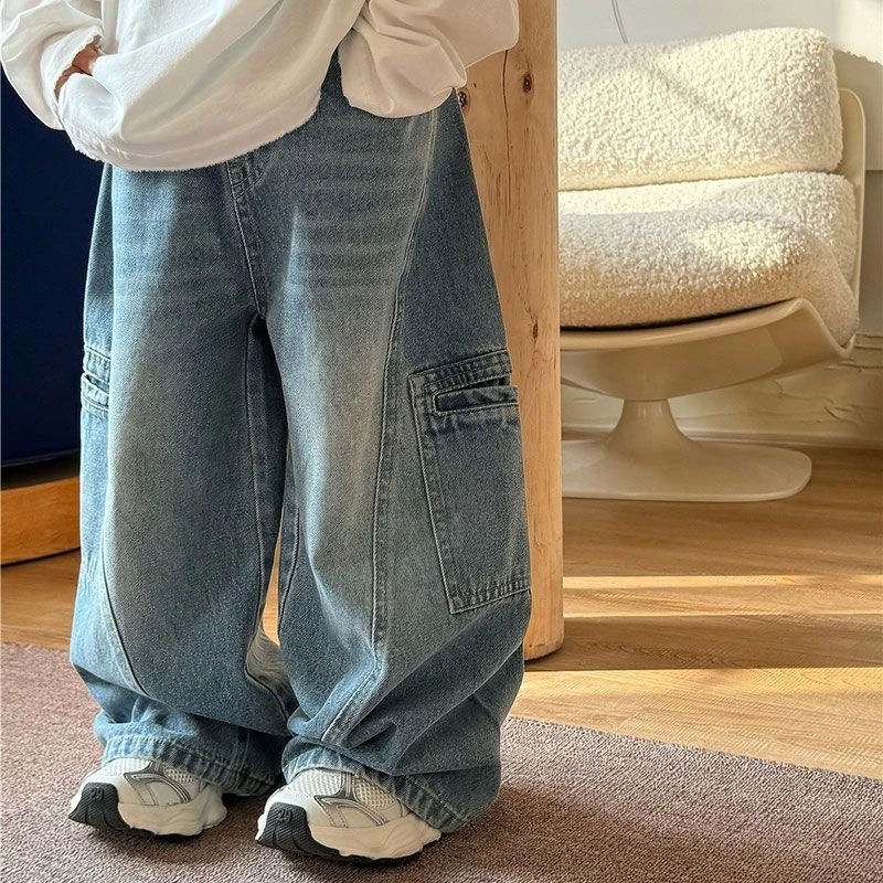 男童牛仔裤春秋季2025新款中小童宽松直筒裤子儿童痞帅潮酷工装裤