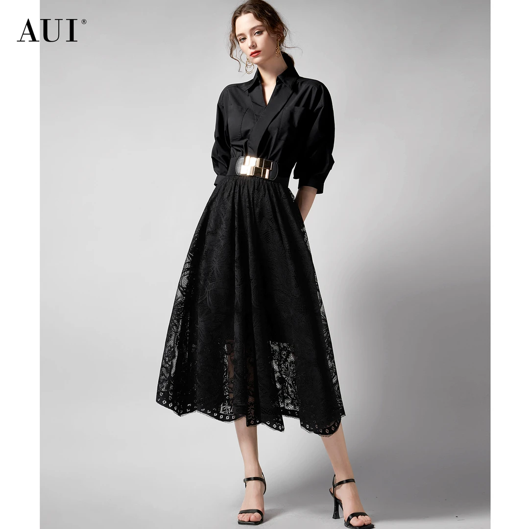【薇薇专属】AUI轻奢衬衫连衣裙气质高腰显瘦蕾丝大摆裙-24W014531