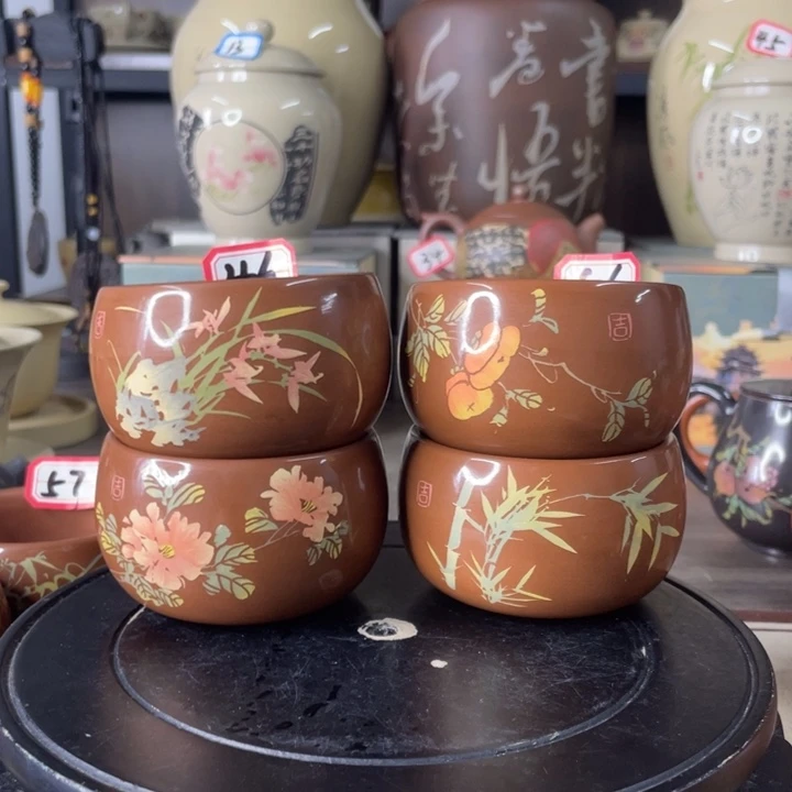 嘿***卉建水紫陶红泥主人杯四只