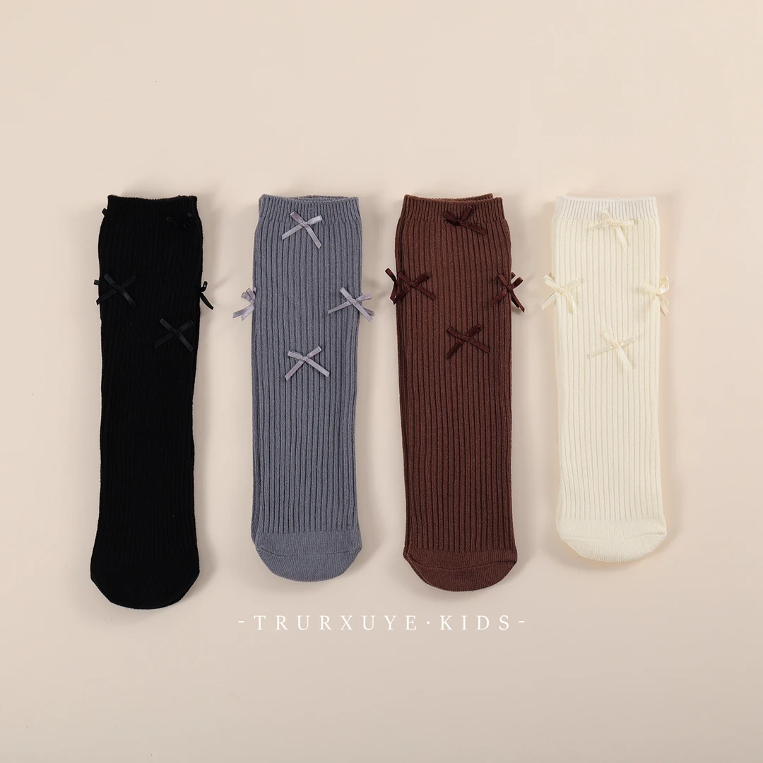 初煦 女童法式中筒袜可爱蝴蝶结抗菌坑条秋季新款多色百搭袜子