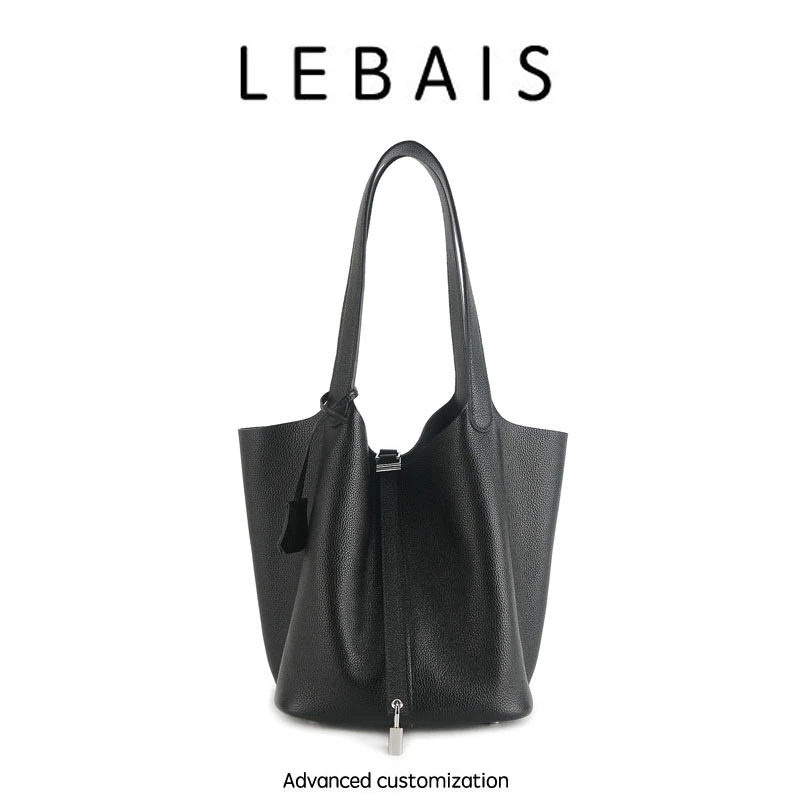 LEBAIS/勒贝斯大容量菜篮子单肩包女手拎气质银锁togo牛皮水桶包