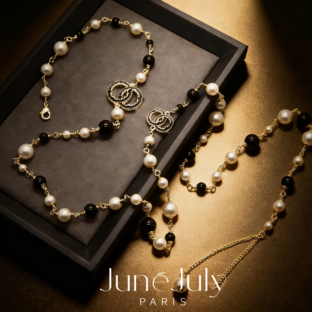 铜合金项链 JuneJuly 气质黑白珠双拼复古千金风毛衣链