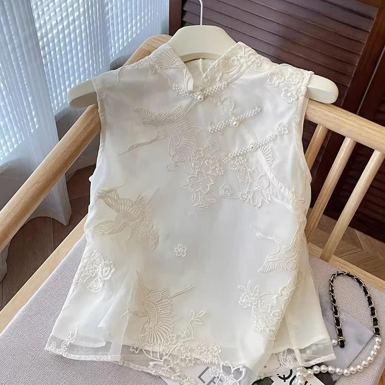 夏季仙鹤刺绣立领背心女禅意改良汉服盘扣钉珠叠穿2025年轻薄马甲