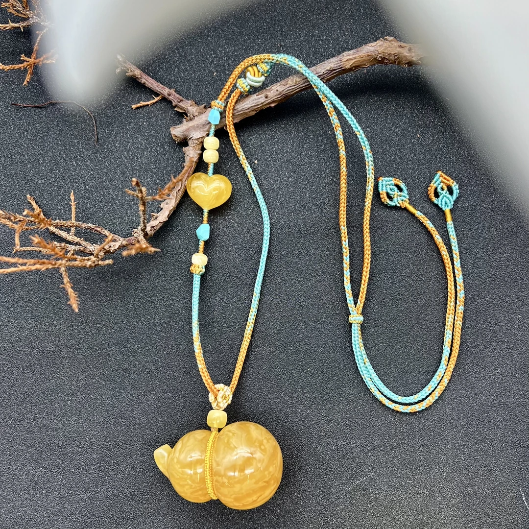 【润家原创】天然琥珀蜜蜡49*31mm花蜡葫芦手工精编绳吊坠23g#6793