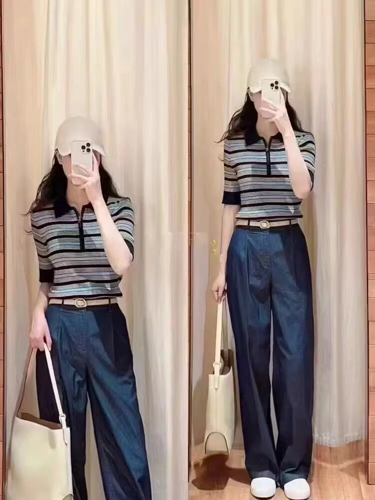 小禾纯原夏季女装2025春季新款合股丝棉套头针织衫POLO衫上衣条纹