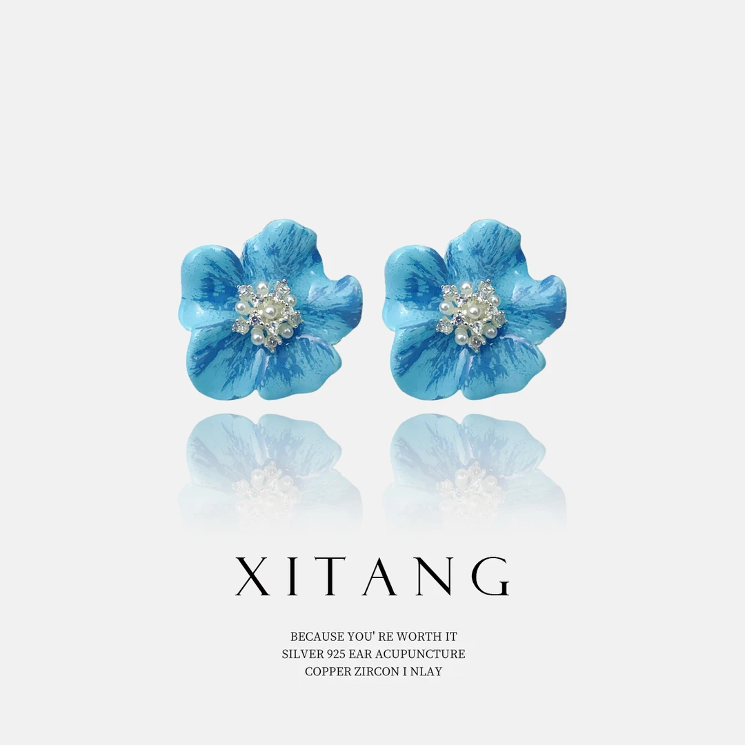 XITANG 925银针【浮生绘】蓝色清新耳钉耳环耳坠8454