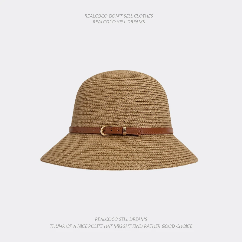 韩版ins皮带草编防晒渔夫帽子女夏季出游百搭遮阳圆顶小礼帽草帽