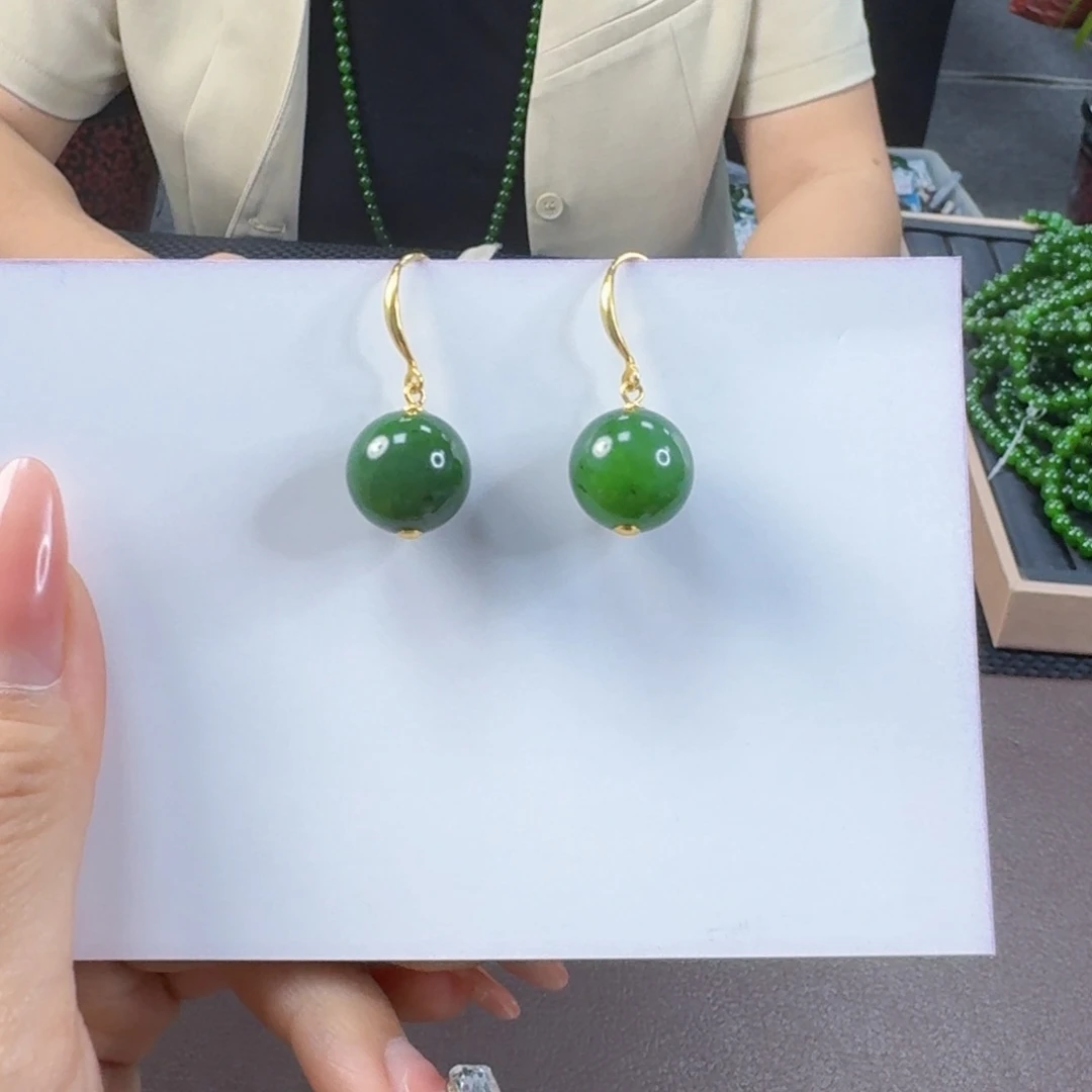 和田玉（碧玉）银S925镶嵌耳饰