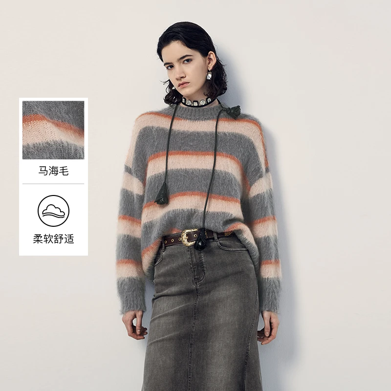 商场同款-ANMANI恩曼琳24秋季新款休闲条纹马海毛毛衣Q367009B