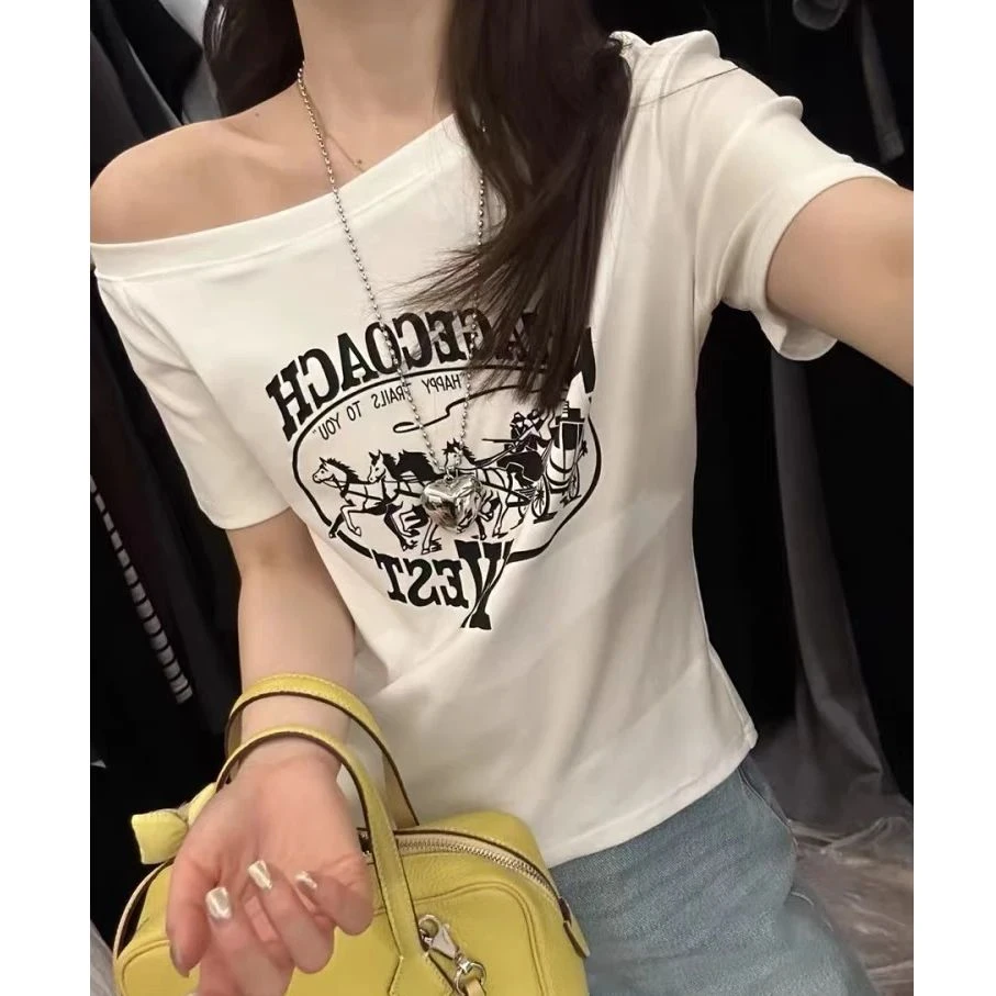 夏季新款斜肩短袖修身T恤女装显瘦打底衫短款百搭ins短袖上衣3998