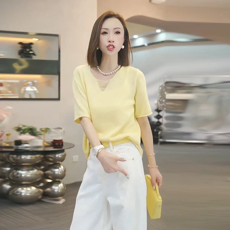 2025夏季新款时尚气质休闲百搭圆领针织衫女宽松显瘦减龄短袖上衣