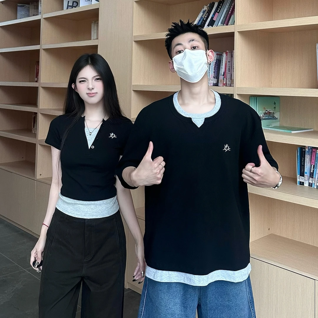 不一样情侣装夏季2025小众设计感韩版显瘦男女短袖T恤一长一短潮