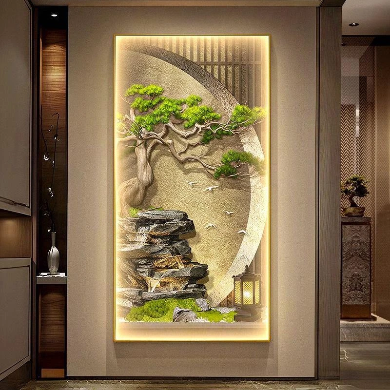 【玄关集合】松柏图玄关迎客松走廊过道挂画流水生财入户带灯壁画