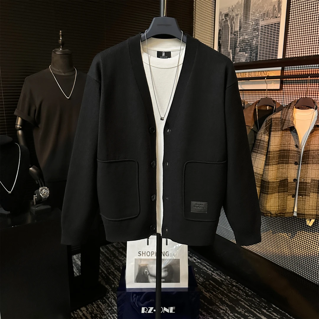 男士春季原创高定重磅拼接口袋设计V领针织开衫毛衣外套