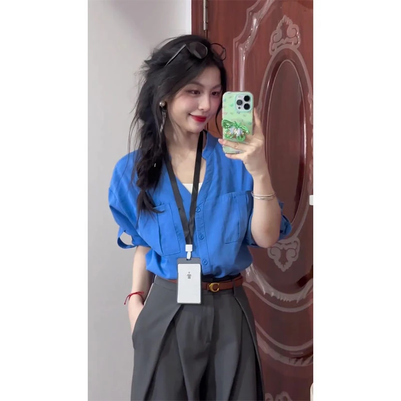 韩系穿搭2025秋季新款老钱风气质蓝色衬衫上衣休闲百搭休闲裤