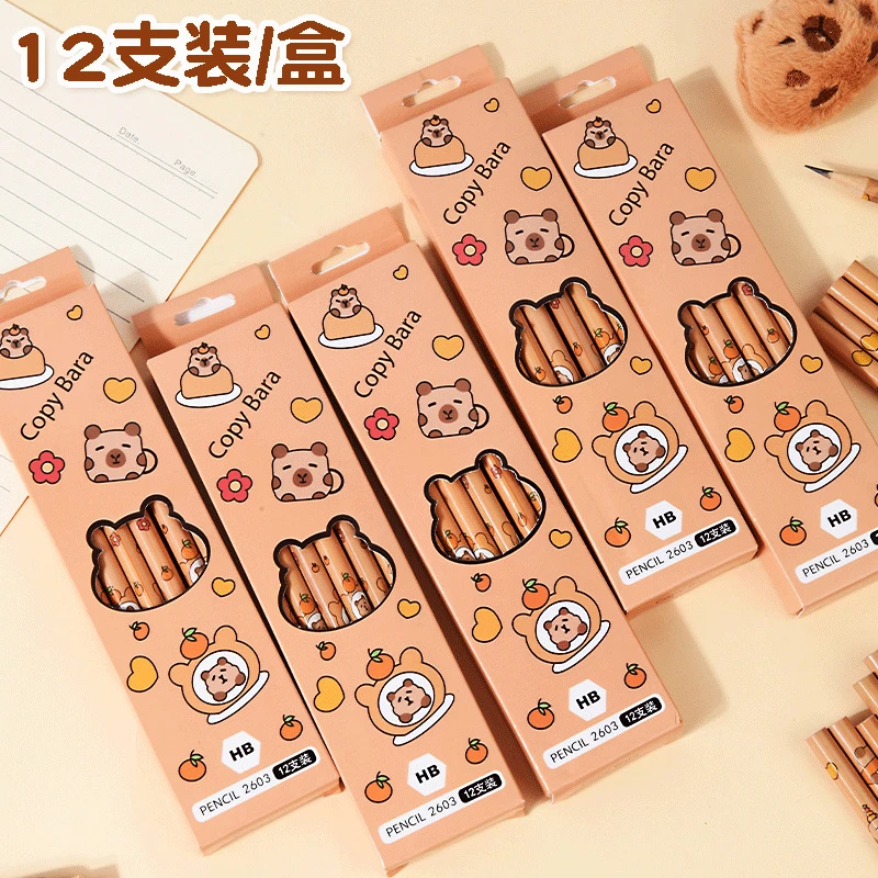 卡皮巴拉铅笔盒装12支儿童卡通可爱圆杆铅笔小学生专用HB铅笔批发