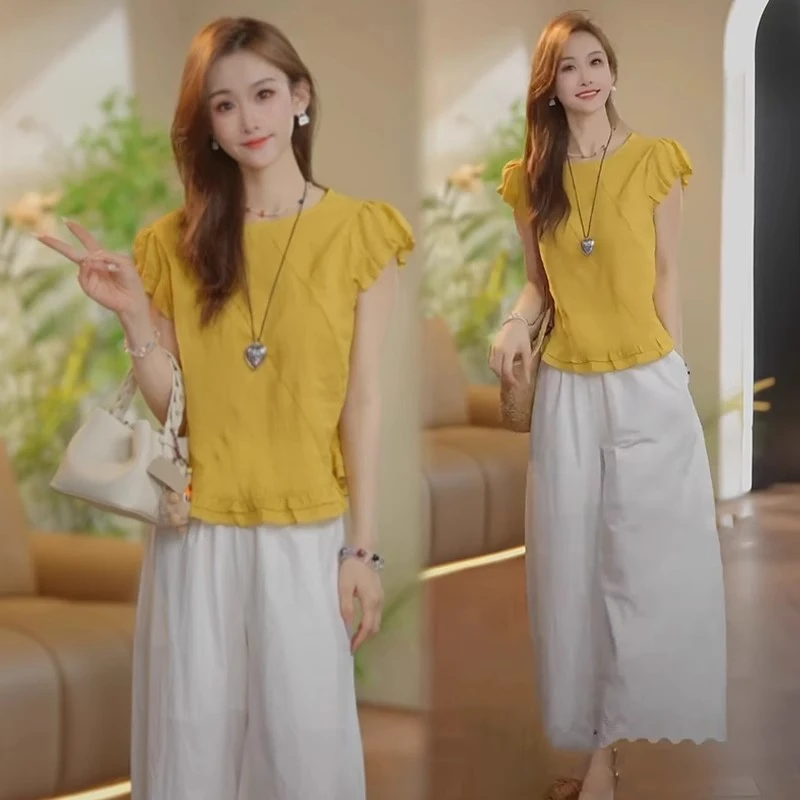 时尚套装女2025夏季新款时髦洋气木耳花边短袖上衣阔腿裤两件套潮