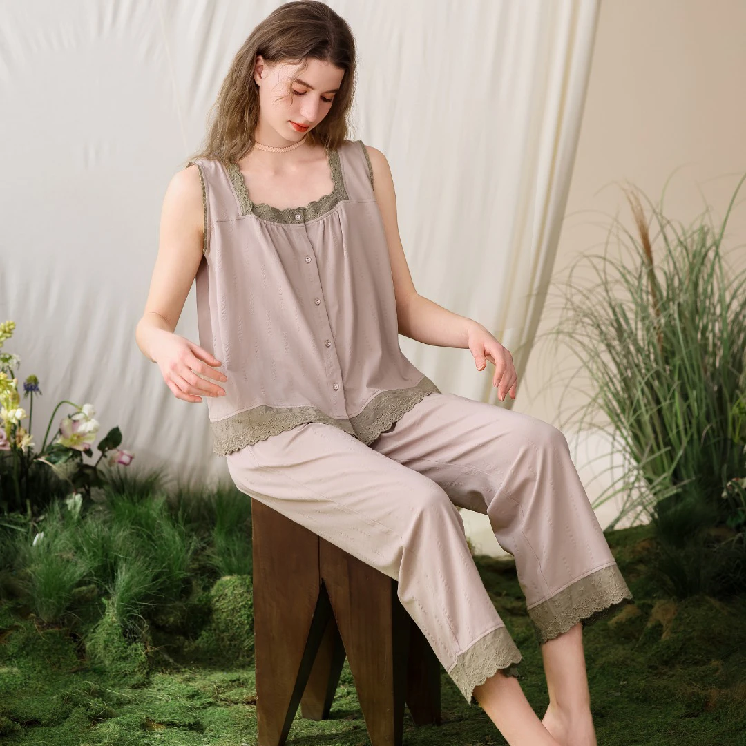 ISJOENA/伊姿娇娜法式少女吊带背心睡衣夏季纯色气质家居服两件套