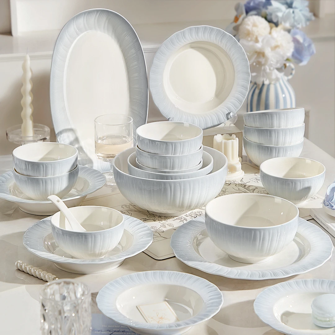 78件云影陶瓷餐具碗碟套装乔迁之喜碗筷礼盒装碟碗盘全套家庭用