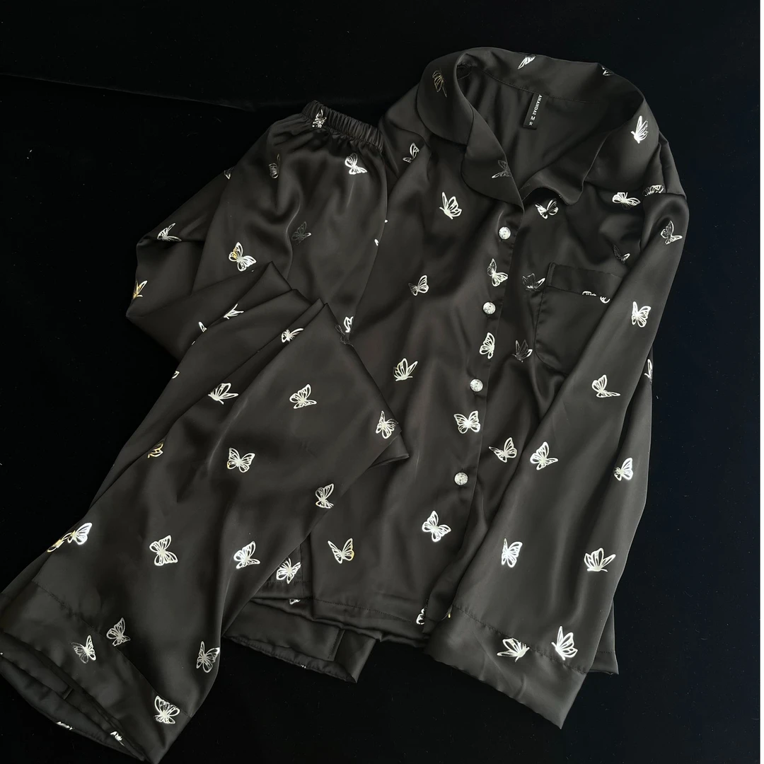 【高级烫银工艺蝴蝶】【长袖+长裤】贡缎软丝睡衣套装简约高感家居服