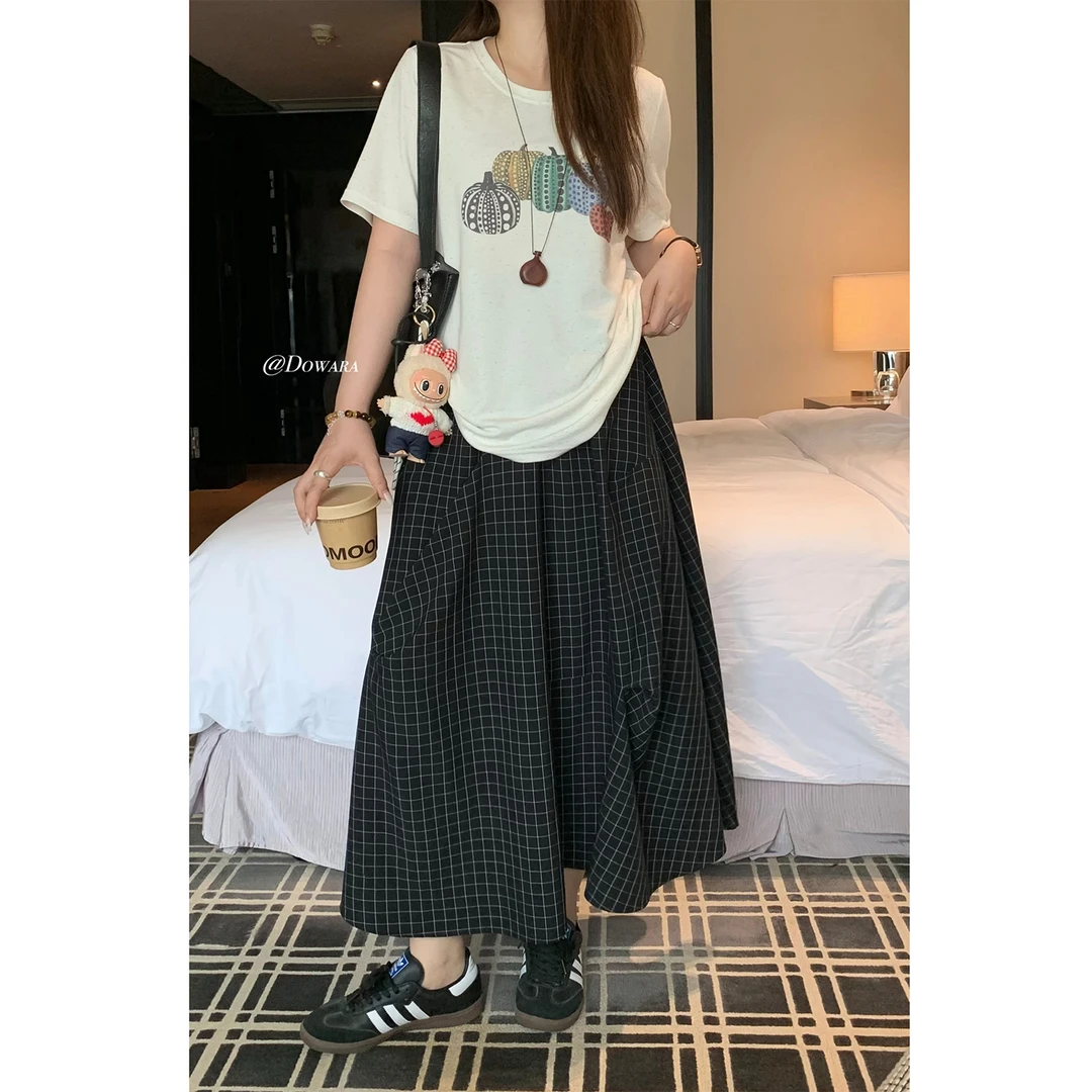 现货8337D大婉酱微胖定制【格纹裙】弹力腰格子不规则半身裙女夏