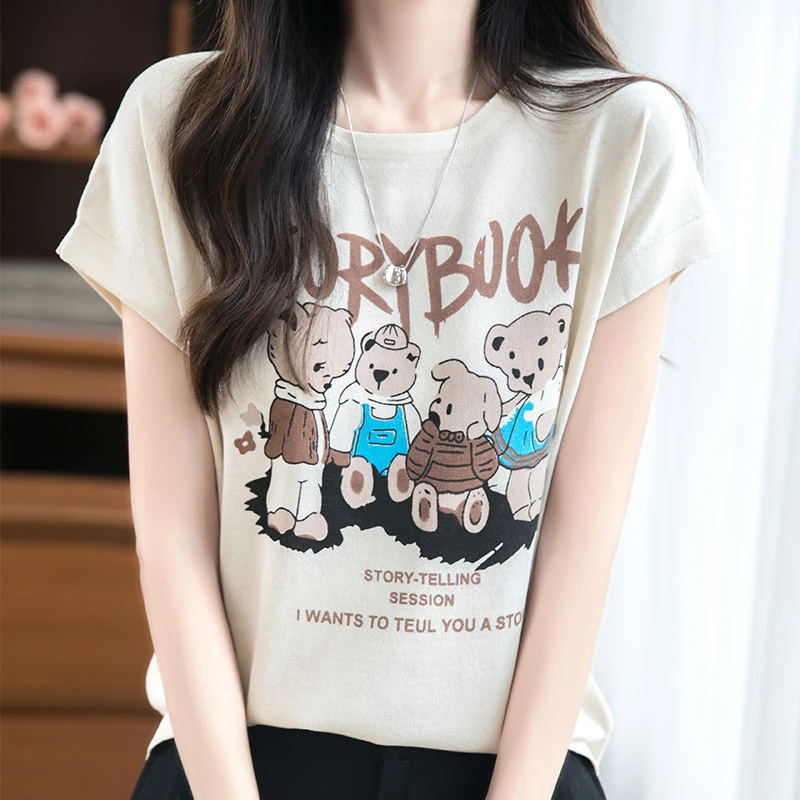 特大码夏季桑蚕丝印花小熊短袖t桖女时尚减龄宽松冰丝针织衫上衣