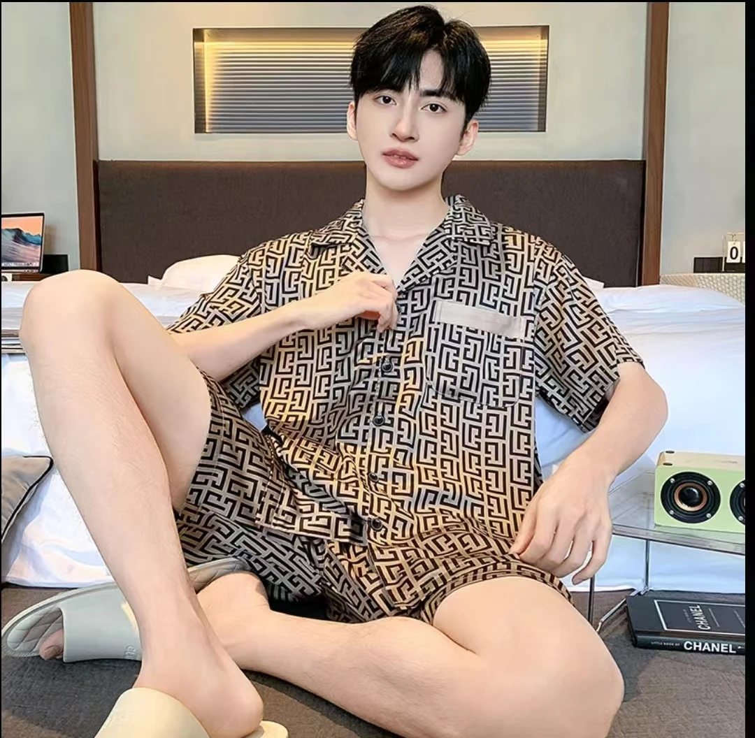 101-199高定轻奢新款睡衣男夏季冰丝短袖爆款男士家居服三件套