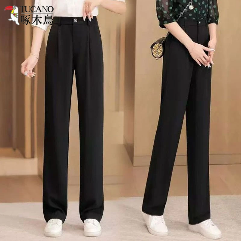 TUCANO/啄木鳥黑色窄版直筒裤女夏季高腰垂感百搭时尚休闲西装裤