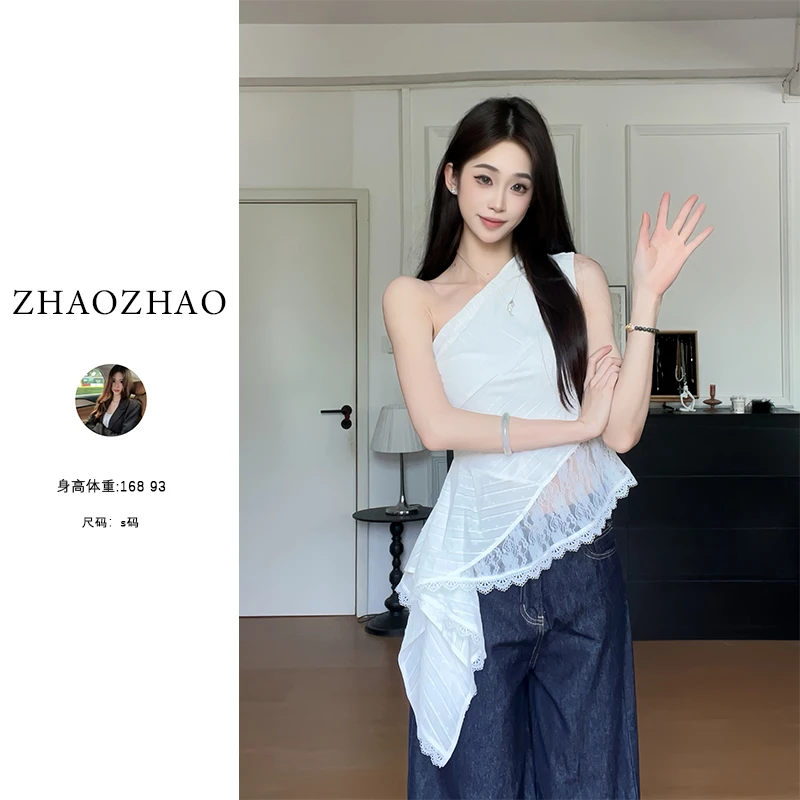 纯欲辣妹小女人斜领露肩蕾丝拼接镂空不规则吊带修身