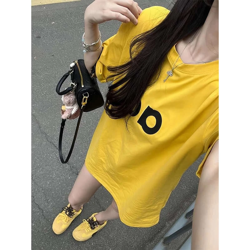 2025超火减龄炸街独特漂亮上衣宽松多巴胺黄色字母圆领t恤女夏季