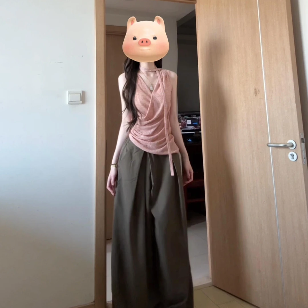 法式设计感粉色吊带背心女2025夏季新款辣妹修身无袖挂脖外穿上衣