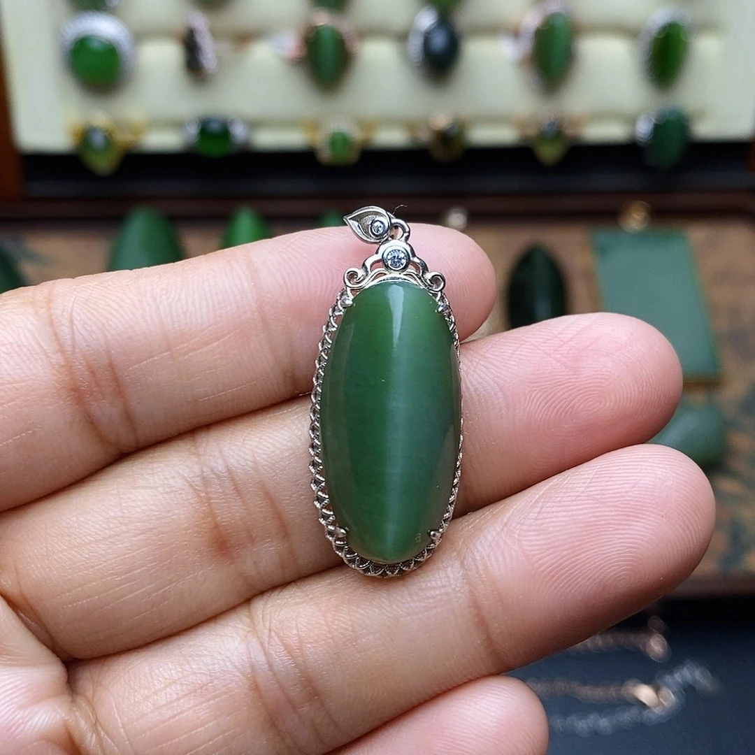 和田玉（碧玉）银S925镶嵌吊坠(不含链)吊坠