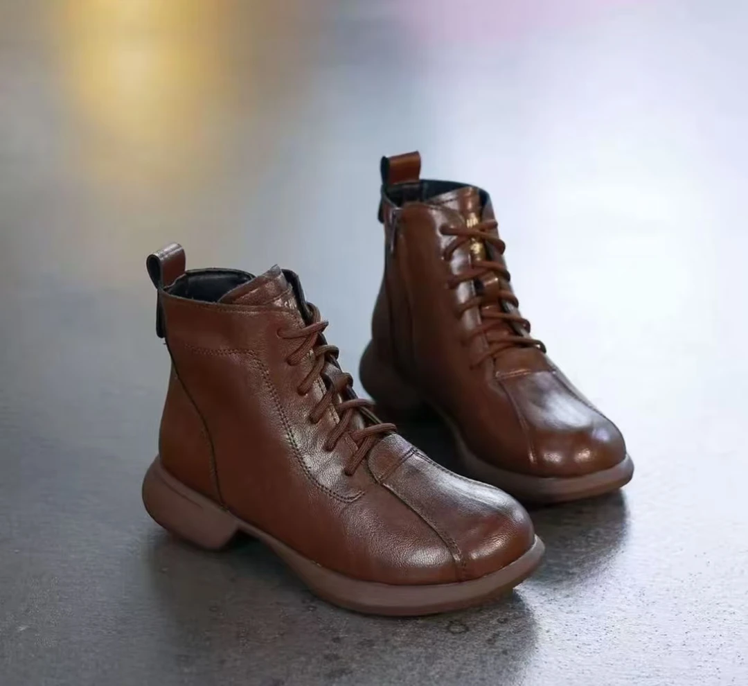 牛皮软底粗跟鞋舒适冬季小皮靴