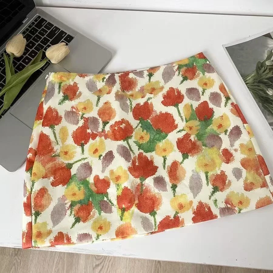 美式高腰性感彩绘花朵包臀裙女高腰设计独特2025夏季新款海边短裙