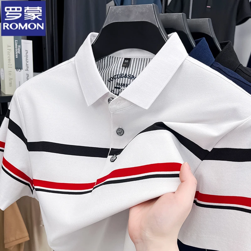 罗蒙夏季薄款凉爽百搭男士短袖POLO衫条纹撞色中年翻领商务T恤衫