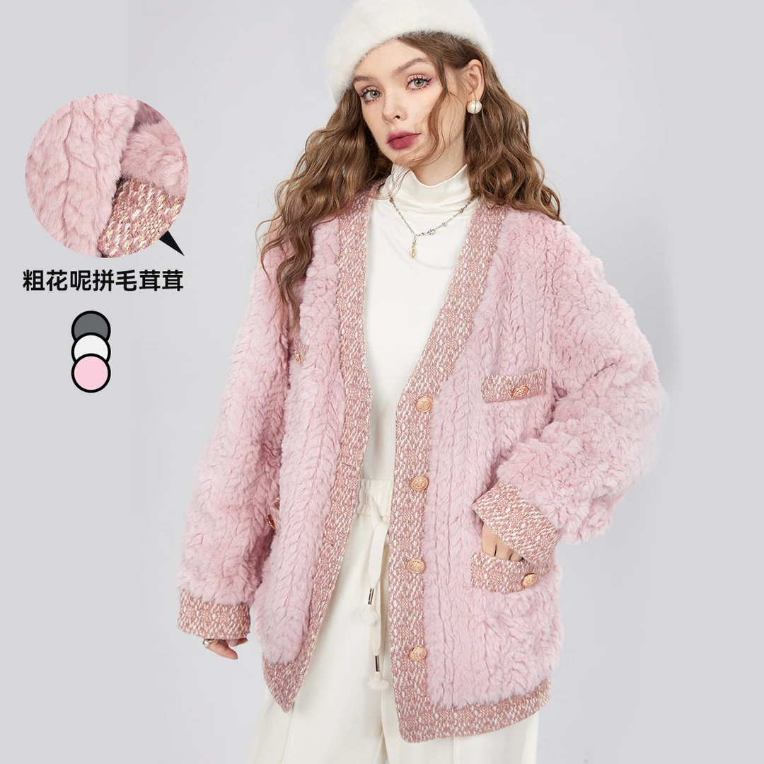 6001【金拐子】国风系列秋冬款拼接粗花呢皮外套女宽松气质上衣