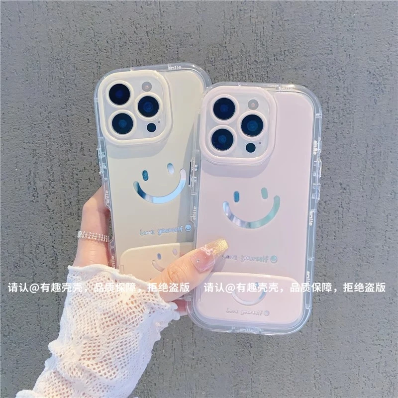 英文笑脸镜面支架适用苹果16手机壳华为vivo小米15OPPO潮流女新款