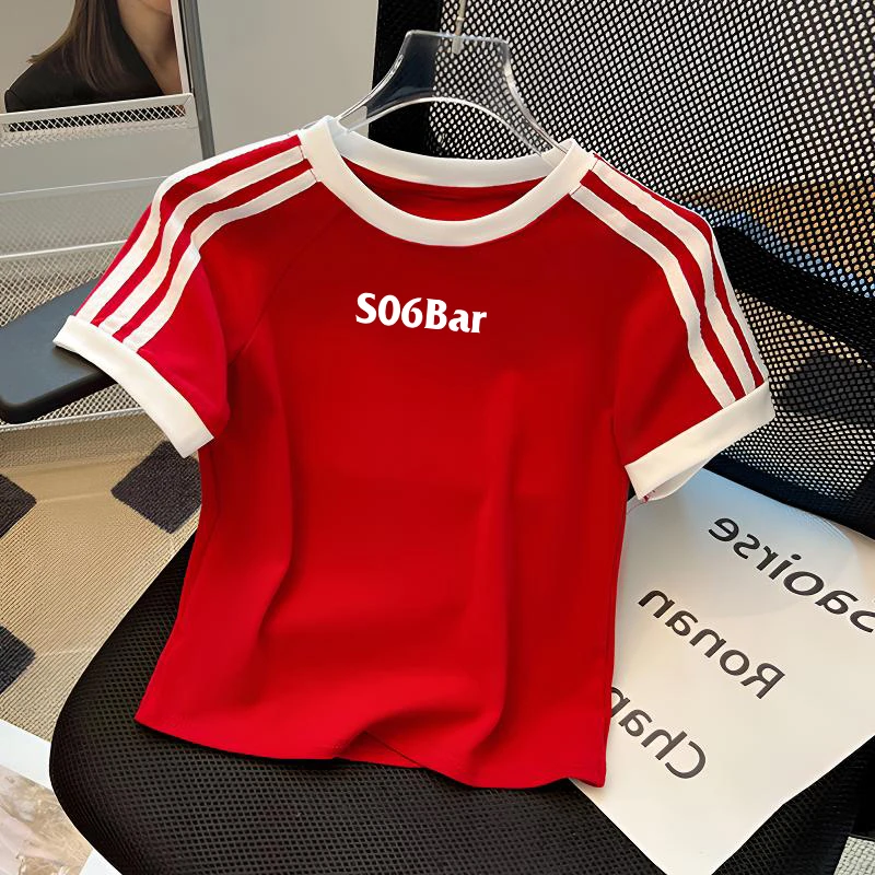 新款2025夏季短袖撞色T恤女时尚大码洋气潮牌修身休闲上衣流行几