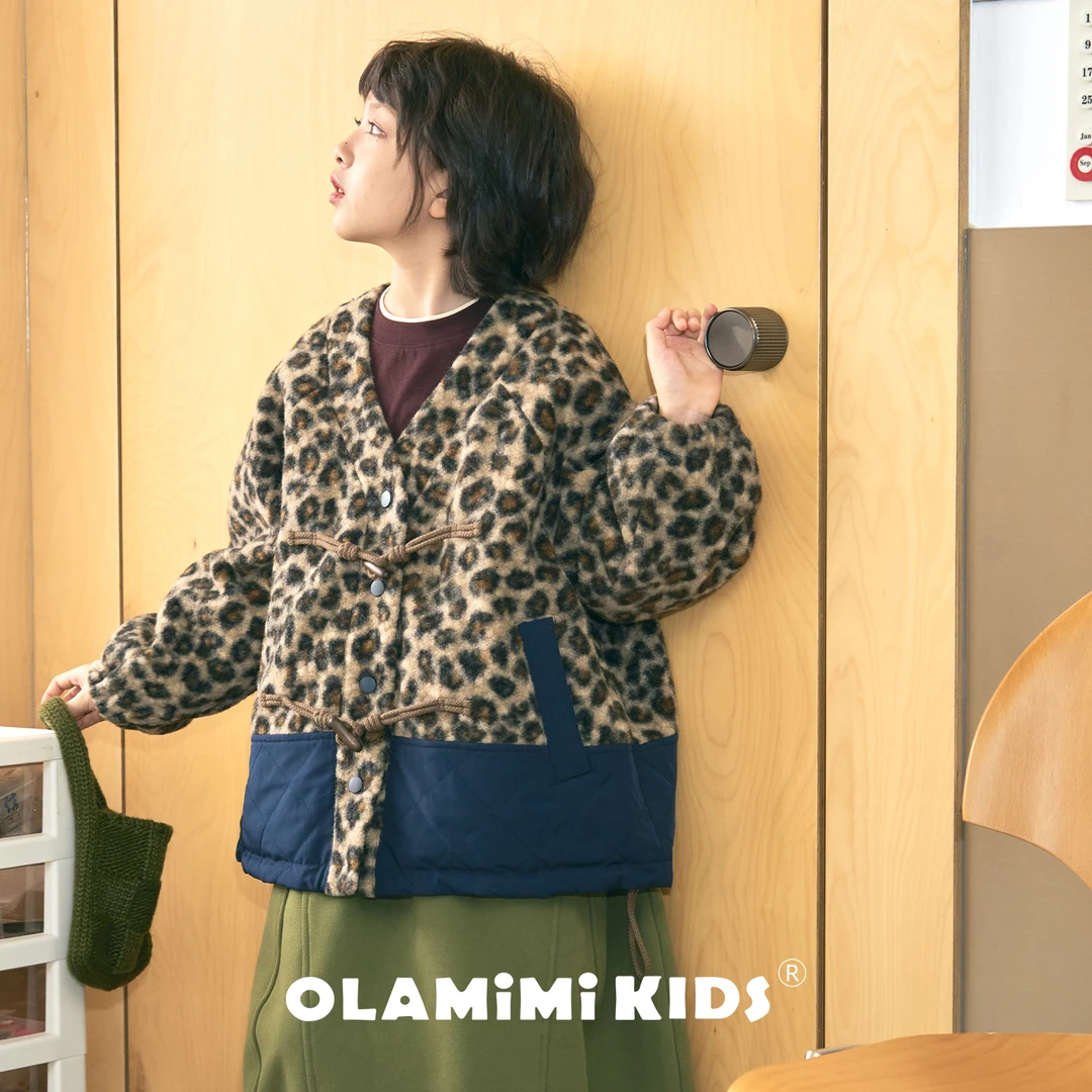 OLAMIMI 2025秋冬儿童亲子复古豹纹牛角扣抽绳撞色拼接保暖外套