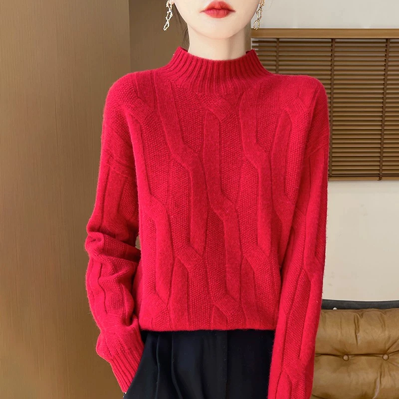 100%纯羊毛扭花半高领女宽松加厚毛衣秋冬套头羊毛衫针织打底衫