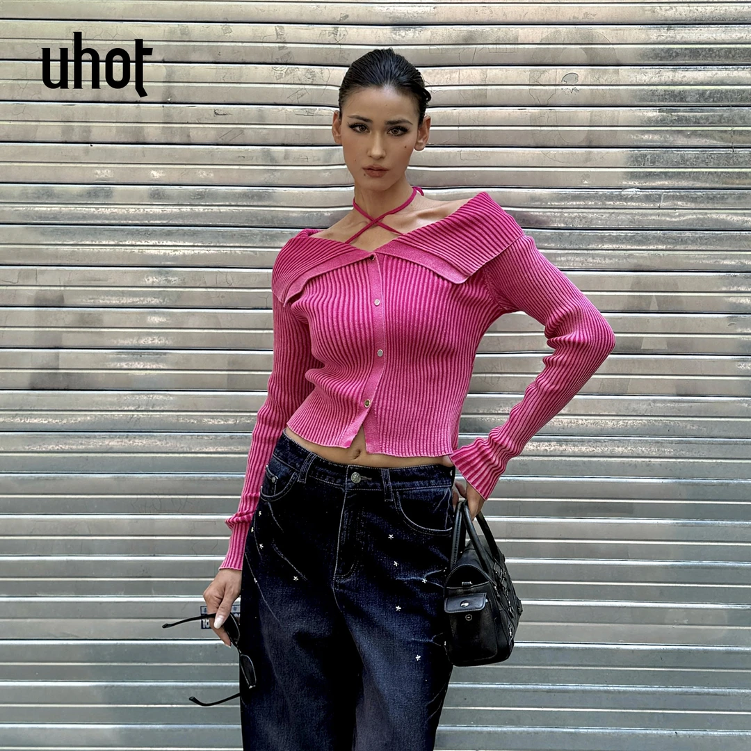 UHOT/诱货玫粉色翻领秋冬一字肩上衣女挂脖新款针织衫 UWWA3Z650M