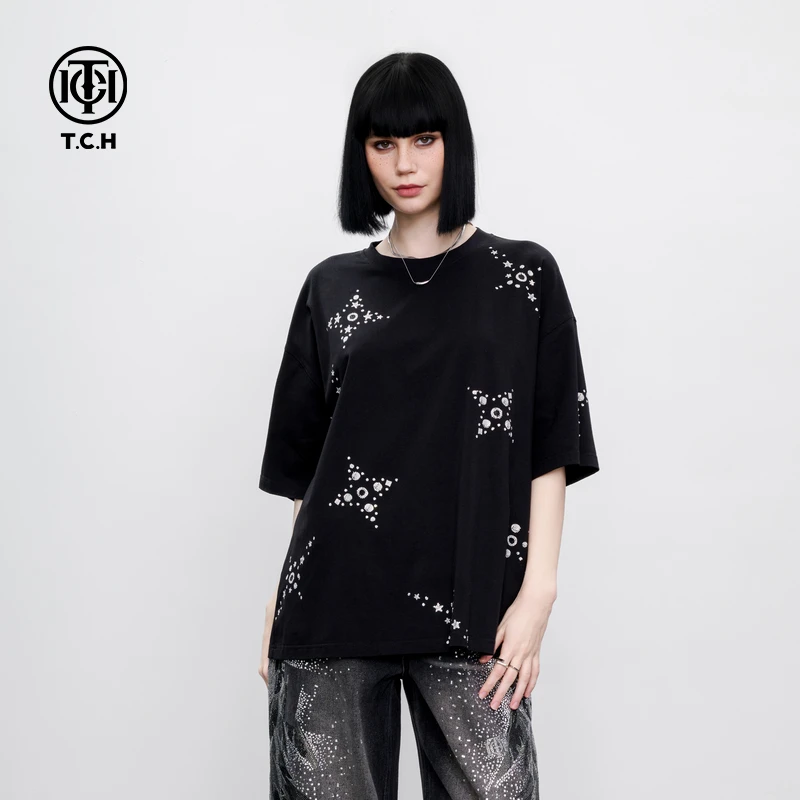 TCH 烫钻休闲宽松黑色短袖T恤男女同款2025春夏新款T75B106158