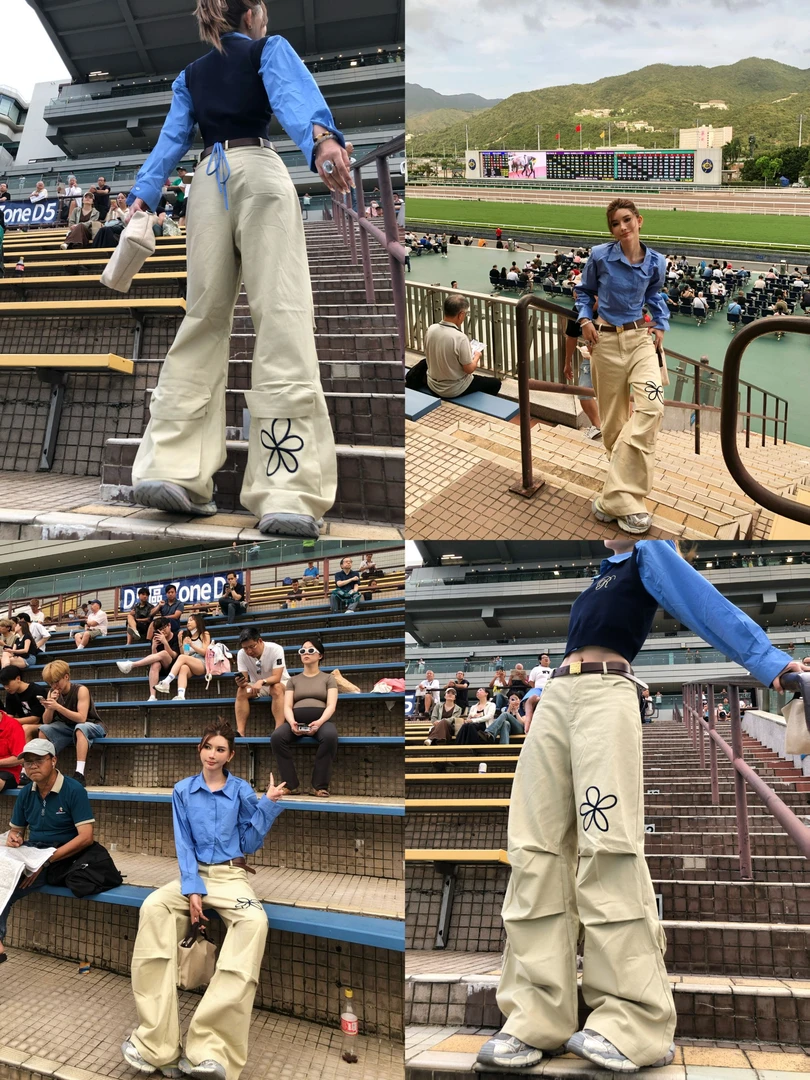 婉君【小花工装裤】夏季小众褶皱刺绣宽松休闲牛仔裤LWJ25B2K1012