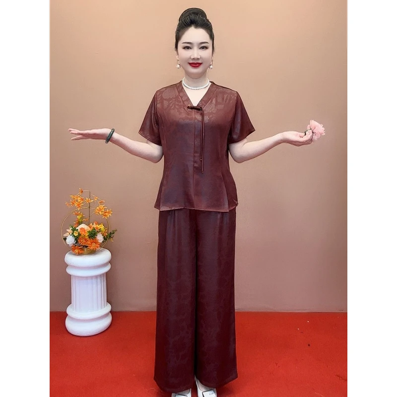 中老年妈妈中式时尚夏季短袖套装气质新款上衣国风洋气两件套