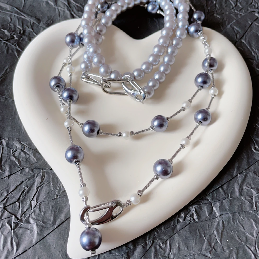 非金属仿珍珠项链 手工串珠多层叠戴渐变色时尚百搭长款复古法式