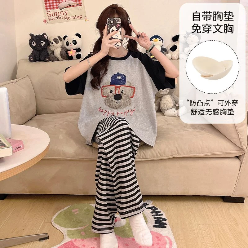卡通小熊云朵棉带胸垫睡衣女夏季韩系条纹圆领短袖长裤外穿家居服