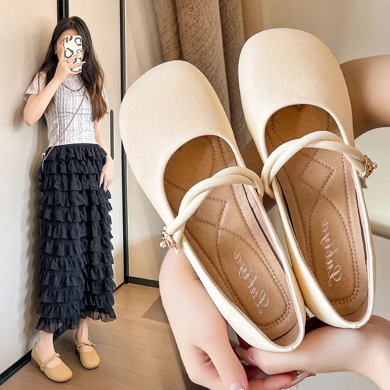 时尚仙女风小单鞋中跟小皮鞋一字扣带圆头奶奶鞋晚晚风女鞋